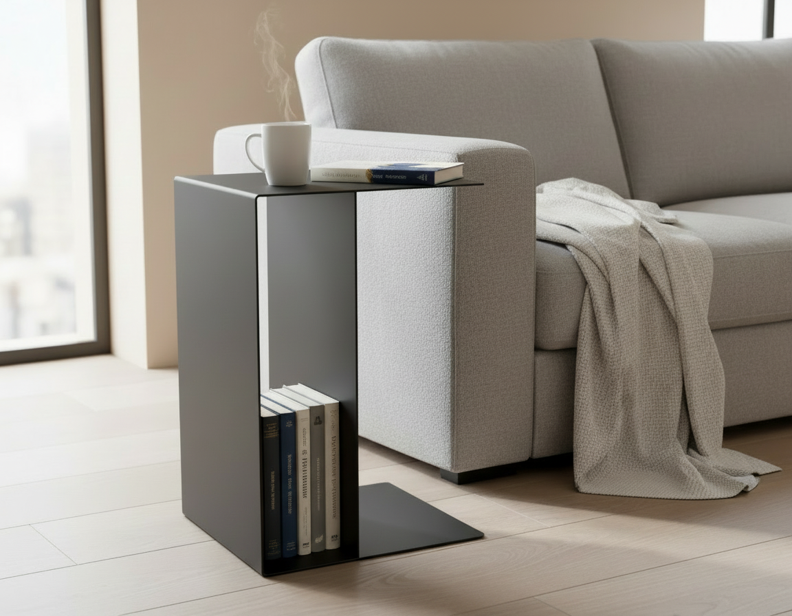 Modern living room with a gray sofa and side table.